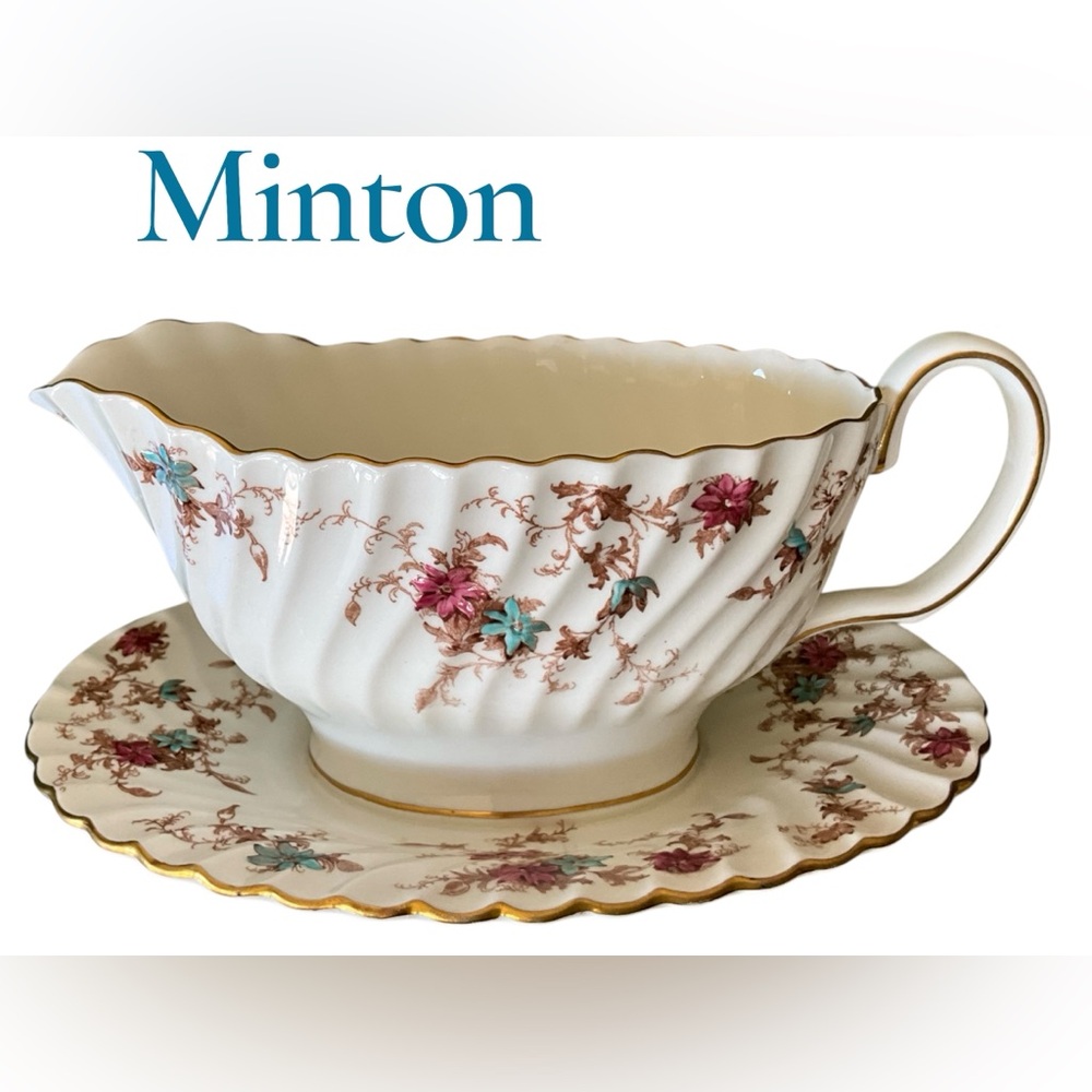 Vintage Minton Ancestral Gravy Boat Underplate Bone China England Golden Trim